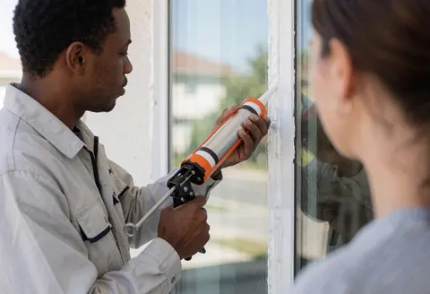 Un installateur applique du mastic d'étanchéité sur le cadre d'une fenêtre pendant qu'une cliente observe la prestation de service.