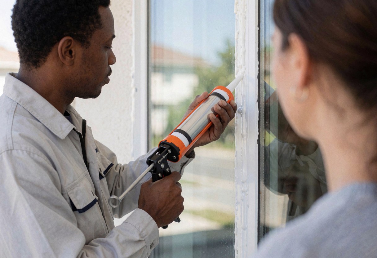 Un installateur applique du mastic d'étanchéité sur le cadre d'une fenêtre pendant qu'une cliente observe la prestation de service.