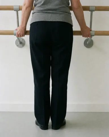 Une instructrice de danse ajuste une barre en bois dans un studio professionnel aux murs blancs et au sol poli, illustrant le travail d'équipe.