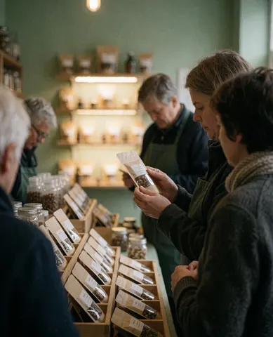 Une cliente regarde attentivement un emballage de résine dans une boutique de produits naturels aux étagères bien éclairées et aux murs verts.