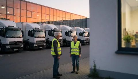 Deux logisticiens discutant près d'une rangée de camions blancs sous un coucher de soleil orange, avec un bâtiment moderne en arrière-plan.