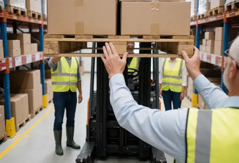 Un employé soulève une palette chargée de cartons dans un entrepôt avec des étagères hautes et d'autres travailleurs en gilets de sécurité.