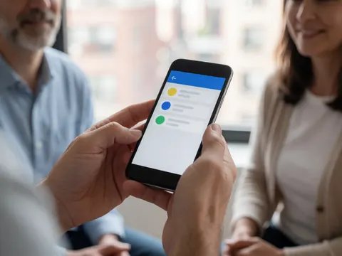 Des mains tenant un téléphone portable avec l'interface d'une application visible, dans un cadre professionnel avec lumière naturelle et fond urbain flou.
