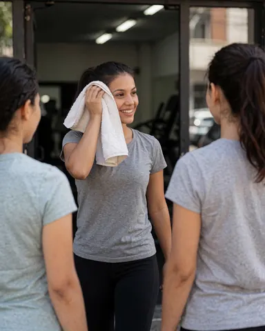 Une femme souriante tient une serviette dans un gymnase, accompagnée de deux amies par une journée ensoleillée.