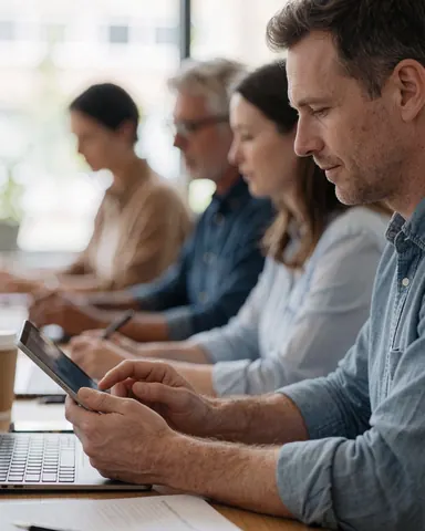 Un homme travaille sur une tablette dans un espace lumineux tandis que d'autres professionnels sont visibles en arrière-plan flou.