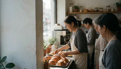 Intérieur d'une cafétéria montrant un gâteau sur un plateau, du café préparé par une machine et des étagères en bois.