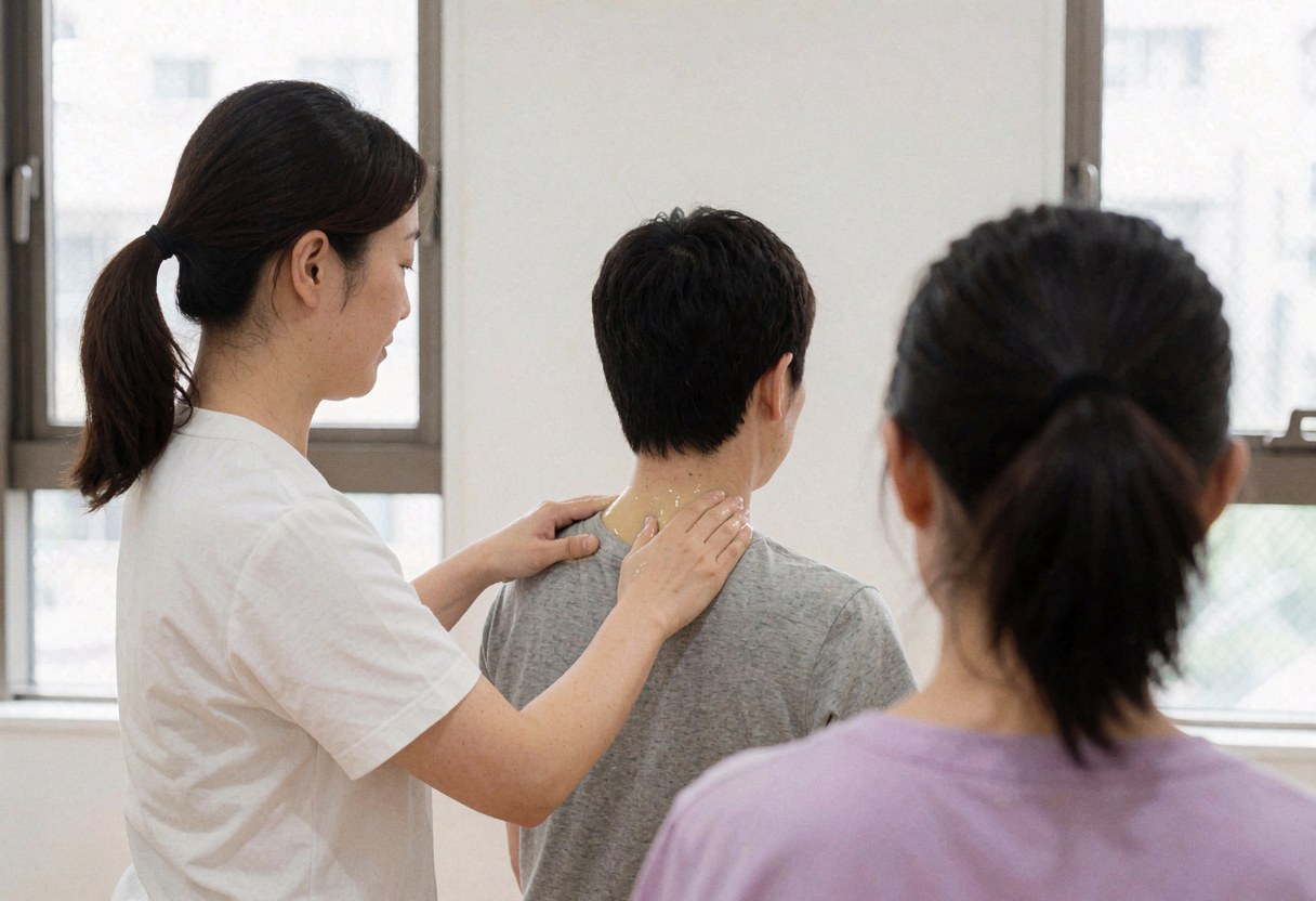 Un thérapeute réalise un massage suédois sur le cou d'un client à l'aide d'huile dans un cabinet lumineux aux murs blancs.