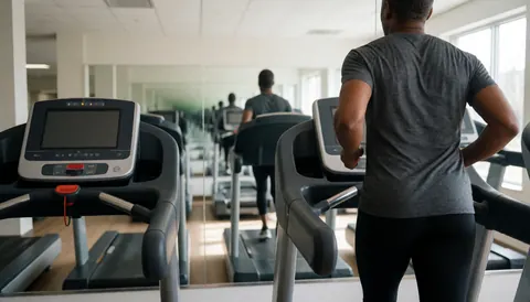 Une personne effectuant un effort cardiovasculaire sur un tapis de course dans un gymnase moderne éclairé par la lumière naturelle, reflétant l'ambiance d'un club sportif.
