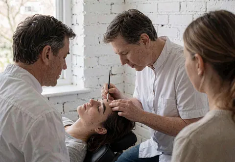 Technicien applique du teint sur les sourcils d'une cliente les yeux fermés, mur de briques blanches, trois personnes observent le service.