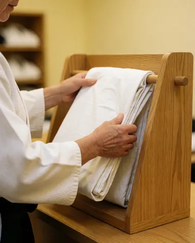 Des mains saisissant un gi blanc sur un présentoir en bois dans un dojo aux murs crème, avec des uniformes rangés sur des étagères dans un environnement propre et professionnel.