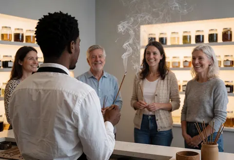 Pratique d'encens dans une boutique de résine avec des clients souriants et des récipients de résine sur des étagères éclairées.