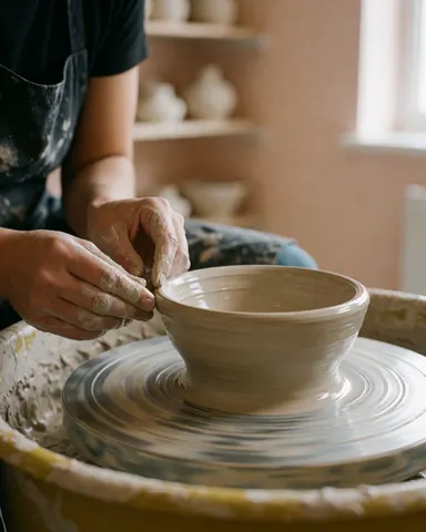 Des mains façonnant de l'argile humide sur un tour de potier dans un atelier, avec des pots séchant sur des étagères en arrière-plan.