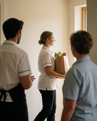 Trois employés d'une maison de vacances portent un sac de nourriture vers la cuisine, baignés de lumière naturelle avec des murs blancs.