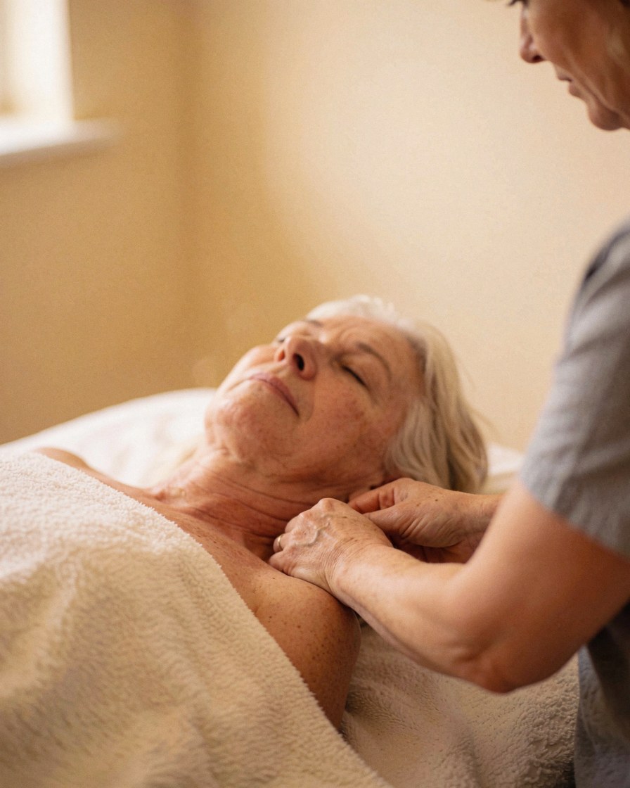 Thérapeute effectuant un massage doux sur la nuque d'un client allongé sur une table couverte d'un drap blanc dans un salon aux murs beige.
