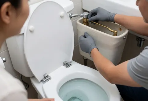 Un plombier portant des gants ajuste le mécanisme du bras flotteur d'un réservoir de toilettes blanc avec des raccords chromés dans une salle de bain carrelée.