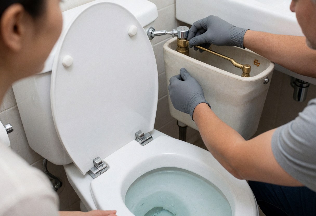 Un plombier portant des gants ajuste le mécanisme du bras flotteur d'un réservoir de toilettes blanc avec des raccords chromés dans une salle de bain carrelée.