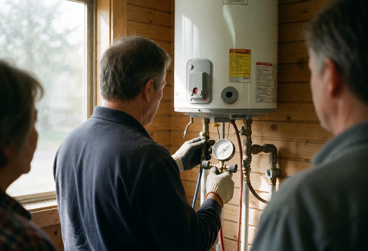 Un plombier ajuste un pressostat sur une chaudière blanche dans un intérieur avec des murs en bois et une lumière naturelle.