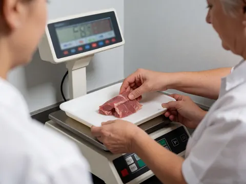 Des mains de vendeuse pèsent de la viande fraîche sur une balance numérique dans un minimarket, avec un mur gris clair en arrière-plan.