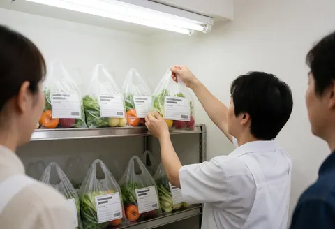 Un employé dépose un sac de légumes sur une étagère métallique dans un minimarket aux murs blancs et à l'éclairage fluorescent.