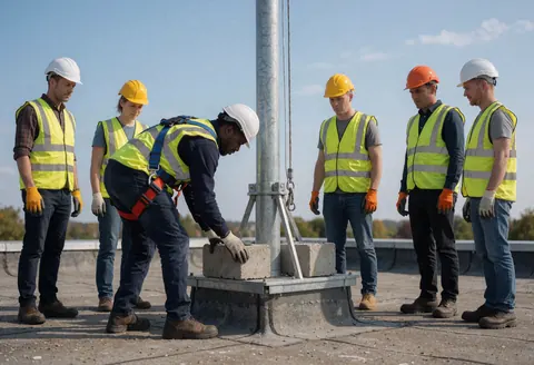 Équipe d'installateurs posant des blocs de béton sur une base métallique d'antenne sur un toit, avec gilets et casques de sécurité.