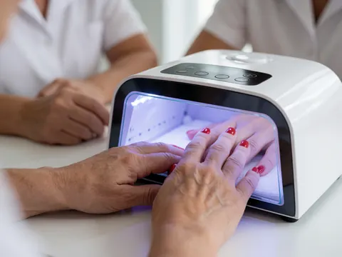 Mains de cliente avec des ongles peints en rouge placées sous une lampe UV pour le séchage, dans un salon de manucure professionnel.