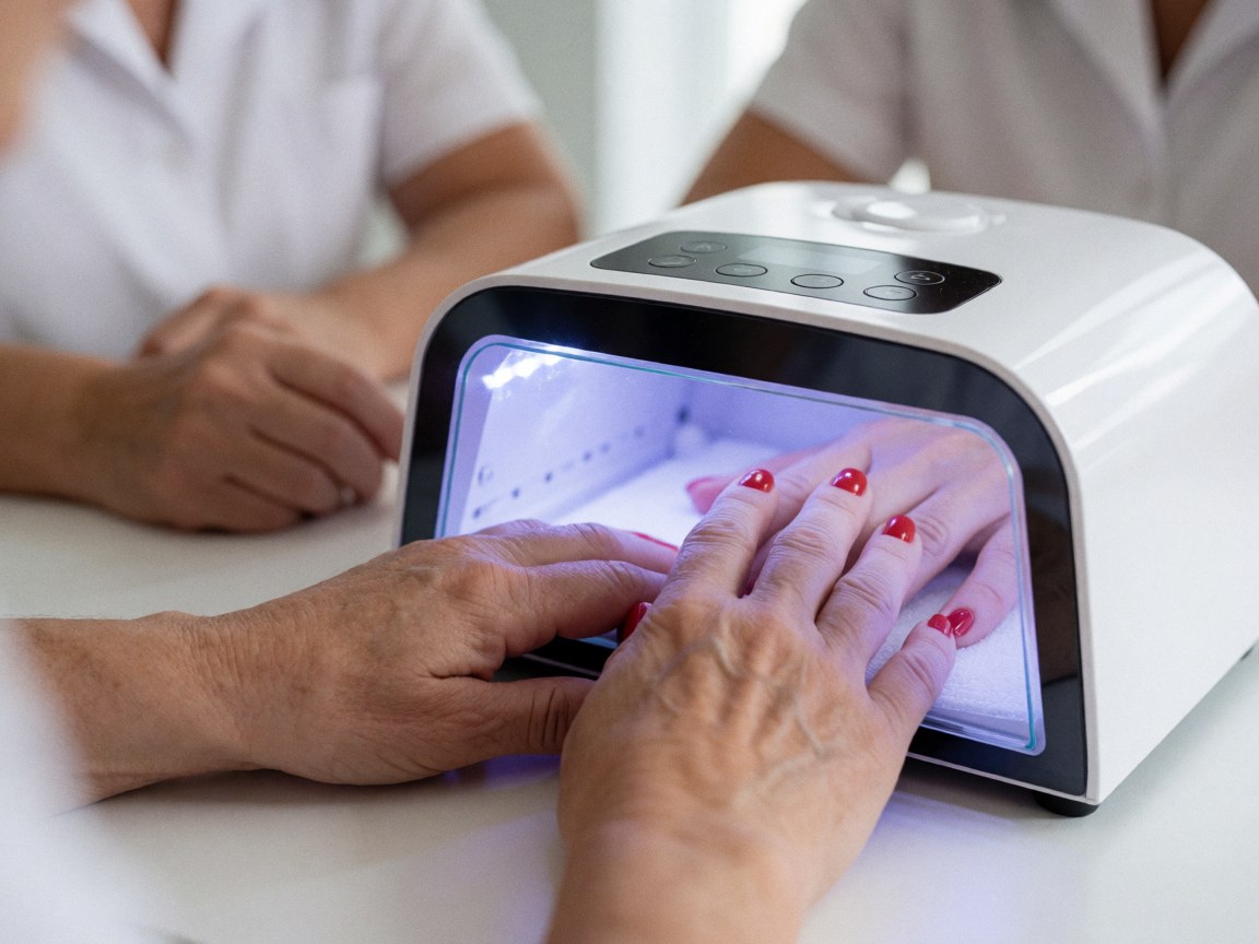 Mains de cliente avec des ongles peints en rouge placées sous une lampe UV pour le séchage, dans un salon de manucure professionnel.