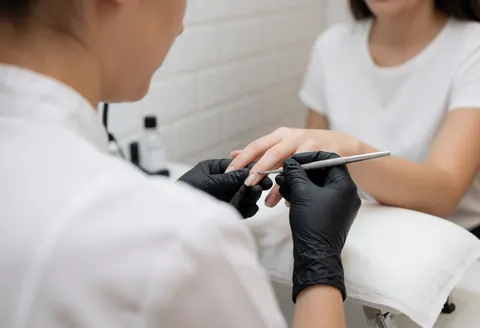 Manucarière portant des gants noirs effectuant un soin des ongles avec une lime métallique dans un salon aux murs carrelés blancs.