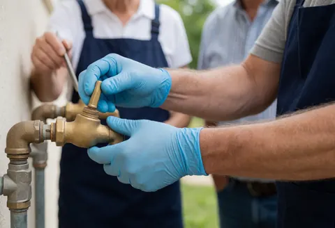 Des mains gantées ajustent une vanne en laiton sur une tuyauterie extérieure, avec d'autres travailleurs en arrière-plan, illustrant un service de plomberie en action.