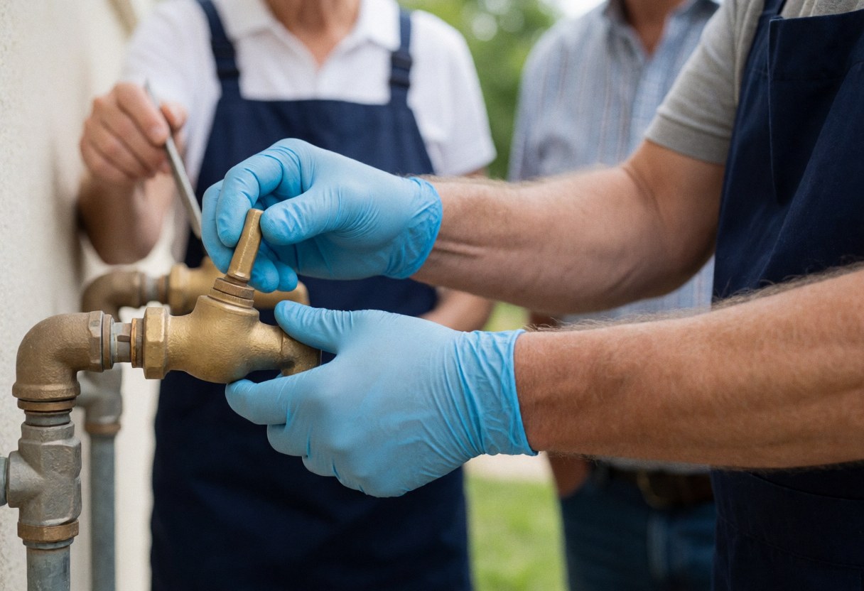 Des mains gantées ajustent une vanne en laiton sur une tuyauterie extérieure, avec d'autres travailleurs en arrière-plan, illustrant un service de plomberie en action.