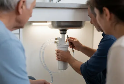 Un plombier raccorde un tube en polyéthylène à un filtre cartouche sous un évier en acier inoxydable, éclairé par une lumière LED, avec des murs blancs.