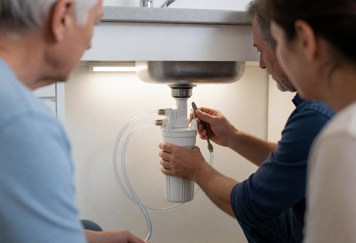 Un plombier raccorde un tube en polyéthylène à un filtre cartouche sous un évier en acier inoxydable, éclairé par une lumière LED, avec des murs blancs.