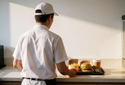 Un employé de restaurant rapide dépose un menu comprenant burger, frites et boisson sur un comptoir blanc sous éclairage chaud.