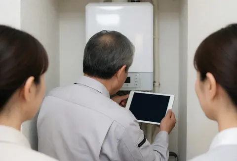 Un technicien examine un chauffe-eau à induction à l'aide d'une tablette pendant que deux clients observent la scène dans une pièce aux murs blancs.