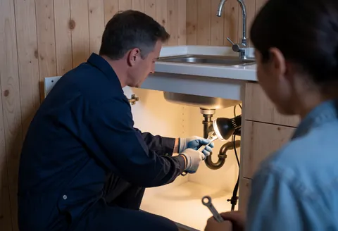 Plombier portant des gants de protection effectuant une réparation sous un évier, éclairé par une lampe de travail, avec un mur en bois visible en arrière-plan.