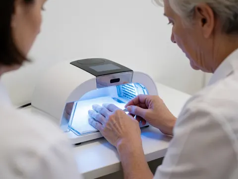 Manuciste portant des gants effectuant un service dans un salon de manucure avec des murs blancs et un équipement moderne