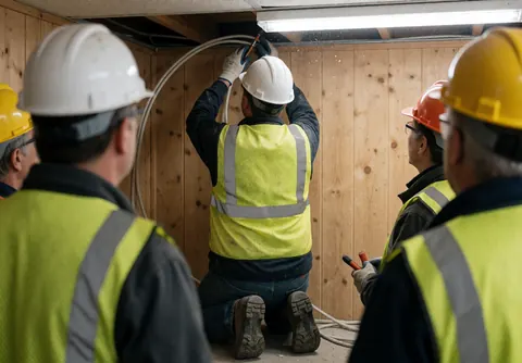 Un électricien en casque et gilet de sécurité installe un câble dans un plafond en bois, tandis que d'autres travailleurs observent la procédure.