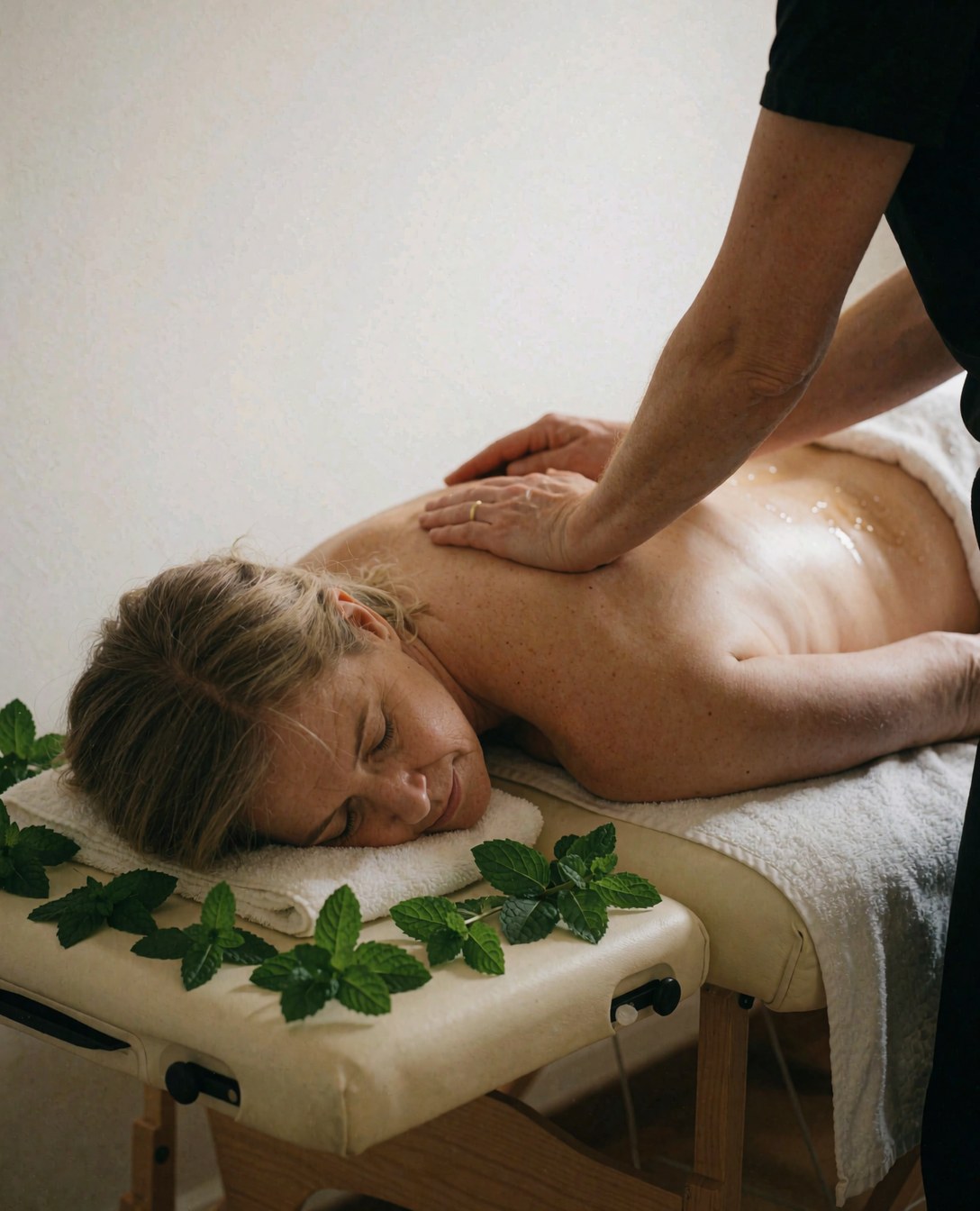 Un client profite d'un massage suédois à l'huile de menthe sur une table, décoré de feuilles vertes dans un cadre chaleureux et relaxant.