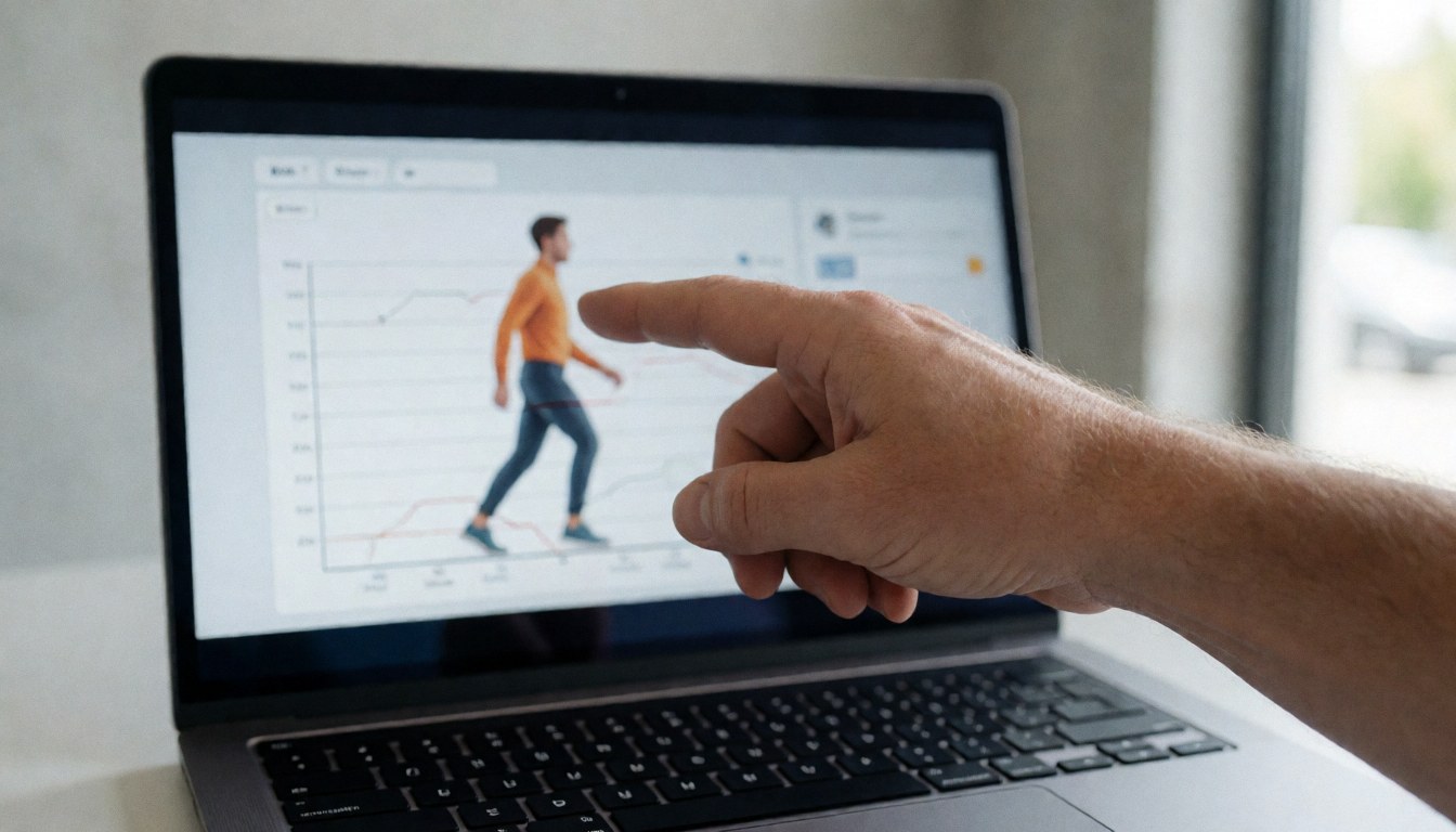 Une main indique un graphique de stress affiché sur un ordinateur portable posé sur une surface, avec un mur en béton en arrière-plan et une lumière naturelle.