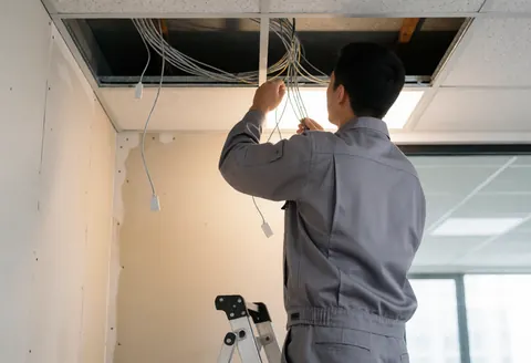 Un électricien intervient sur le plafond d'un bureau en construction, manipulant des câbles réseau près de murs en plâtre et d'une échelle.