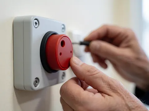 Main d'un électricien ajustant un interrupteur rouge sur un mur blanc, détail du travail électrique et de l'installation.