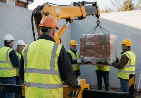 Un ouvrier en casque et gilet de sécurité contrôle une grue jaune qui soulève une palette de briques sur un chantier de construction.