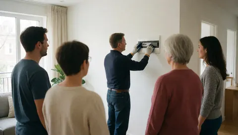 Un électricien équipé de gants et de lunettes de sécurité installe un panneau électrique sur un mur blanc, observé par quatre personnes dans une pièce moderne.