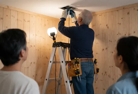 Électricien travaillant sur une boîte de jonction avec une lampe portable, murs en bois, deux personnes observant l'intervention.