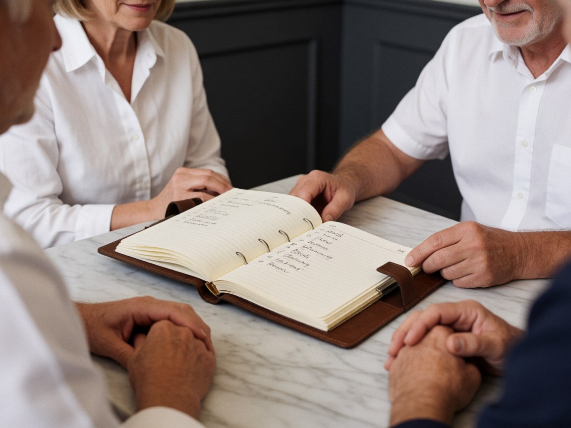 Des mains d'adultes consultent un registre de réservations posé sur une table en marbre, dans un bar aux murs gris anthracite.