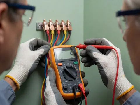 Un électricien professionnel équipé de gants isolants et de lunettes de sécurité utilise un multimètre numérique pour mesurer le voltage sur des bornes de câblage électrique.