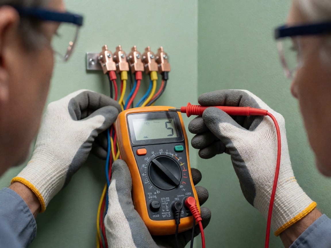 Un électricien professionnel équipé de gants isolants et de lunettes de sécurité utilise un multimètre numérique pour mesurer le voltage sur des bornes de câblage électrique.