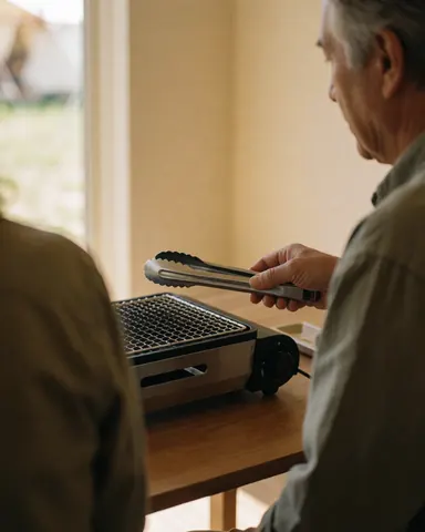 Une cliente portant des tongs se tient sur un barbecue portable posé sur une table en bois dans un cadre de camping avec une lumière naturelle.