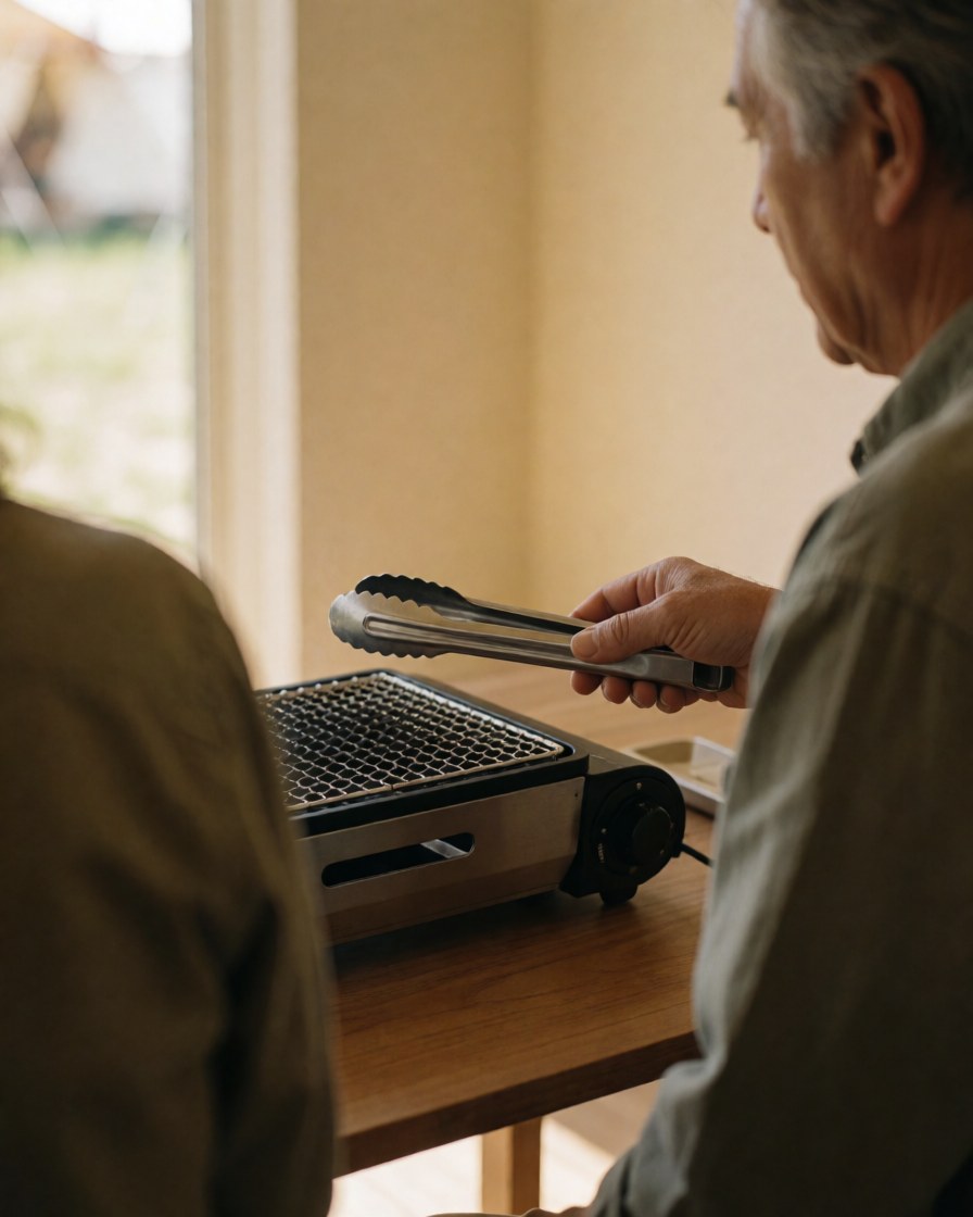 Une cliente portant des tongs se tient sur un barbecue portable posé sur une table en bois dans un cadre de camping avec une lumière naturelle.