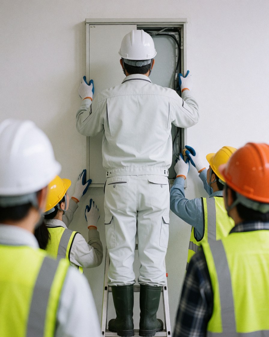 Un électricien en uniforme blanc et casque blanc installe un panneau électrique sur un mur blanc, entouré de collègues en gilets de sécurité.