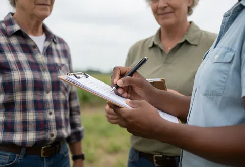 Un expert agricole note des plans d'irrigation sur un clipboard avec deux clients dans un champ sous un ciel nuageux.
